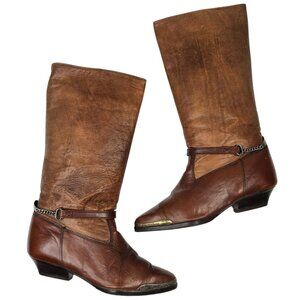 Vintage Zodiac Leather Boots Western Boho Mid-Calf Toe Taps Straps Brown 8.5